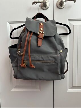 Gray Nylon Backpack with Brown Trim — Casual Everyday Backpack
